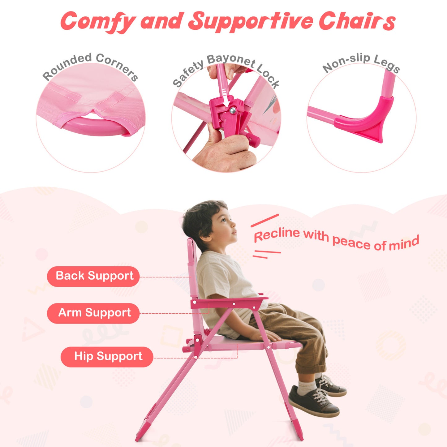 Kids Picnic Set, 4 Pieces, 2 Folding Chairs, Adjustable Umbrella, Pink