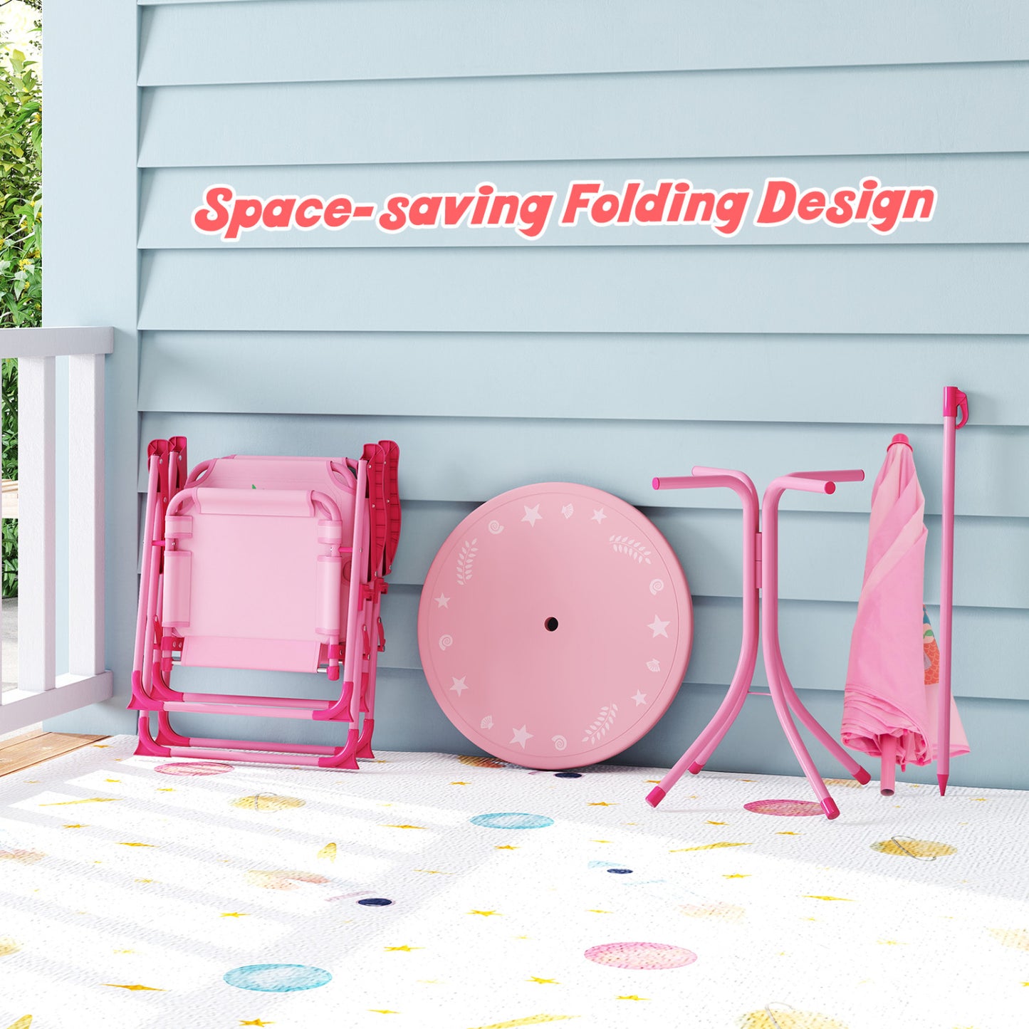 Kids Picnic Set, 4 Pieces, 2 Folding Chairs, Adjustable Umbrella, Pink