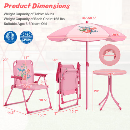 Kids Picnic Set, 4 Pieces, 2 Folding Chairs, Adjustable Umbrella, Pink