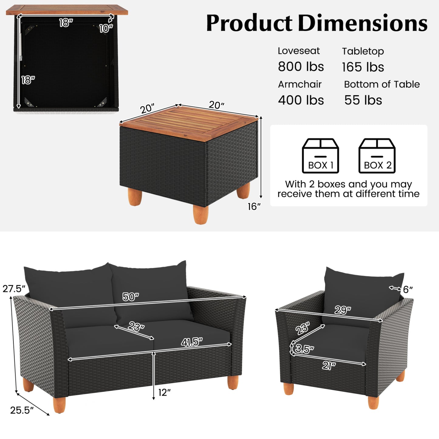 Ensemble de conversation extérieur avec table de rangement, noir