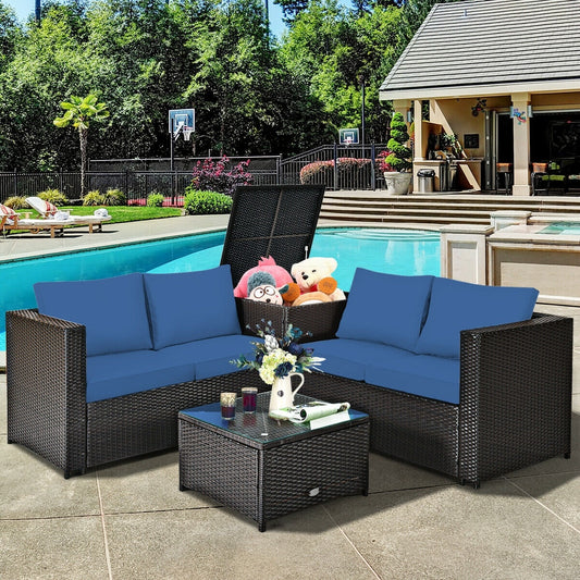 4 Piece Rattan Patio Furniture Set, Cushioned Loveseat With Storage Box, Navy Outdoor Sectionals Navy at Gallery Canada
