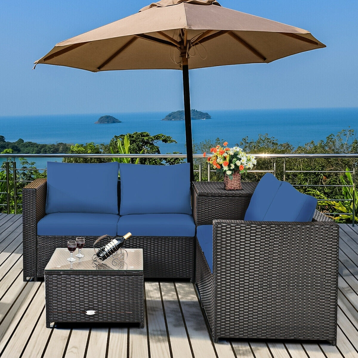 4 Piece Rattan Patio Furniture Set, Cushioned Loveseat With Storage Box, Navy Outdoor Sectionals at Gallery Canada
