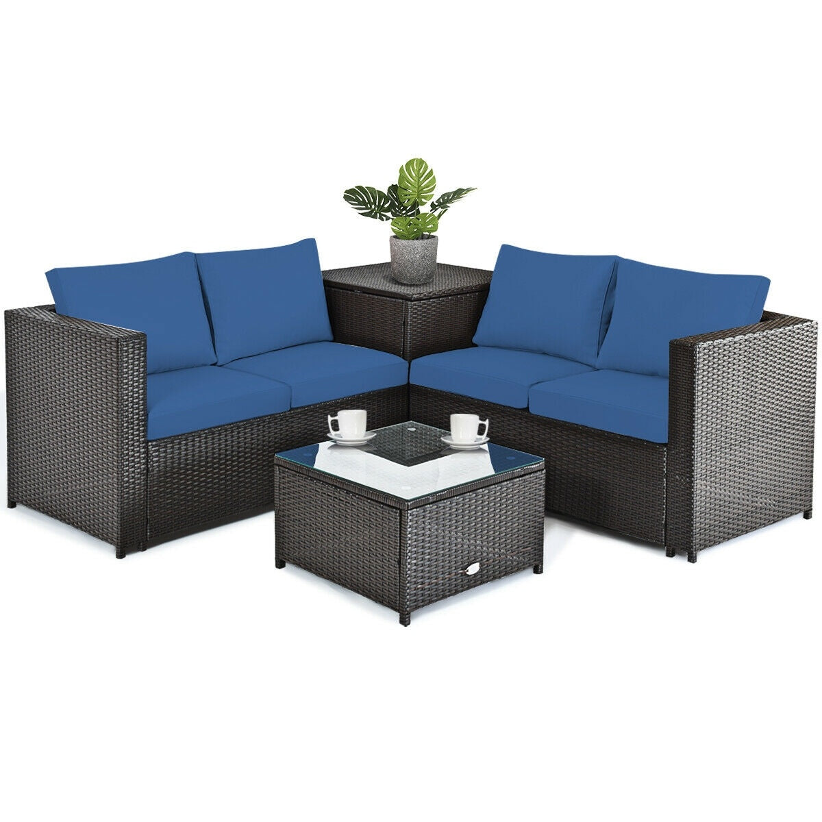 4 Piece Rattan Patio Furniture Set, Cushioned Loveseat With Storage Box, Navy Outdoor Sectionals at Gallery Canada