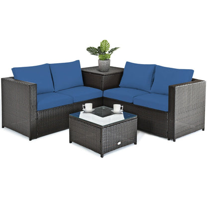 4 Piece Rattan Patio Furniture Set, Cushioned Loveseat With Storage Box, Navy Outdoor Sectionals at Gallery Canada