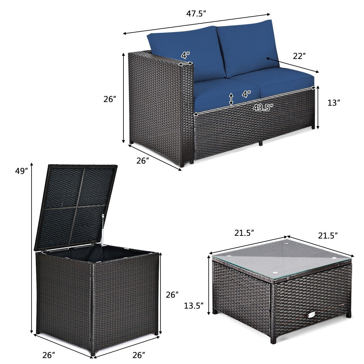 4 Piece Rattan Patio Furniture Set, Cushioned Loveseat With Storage Box, Navy Outdoor Sectionals at Gallery Canada