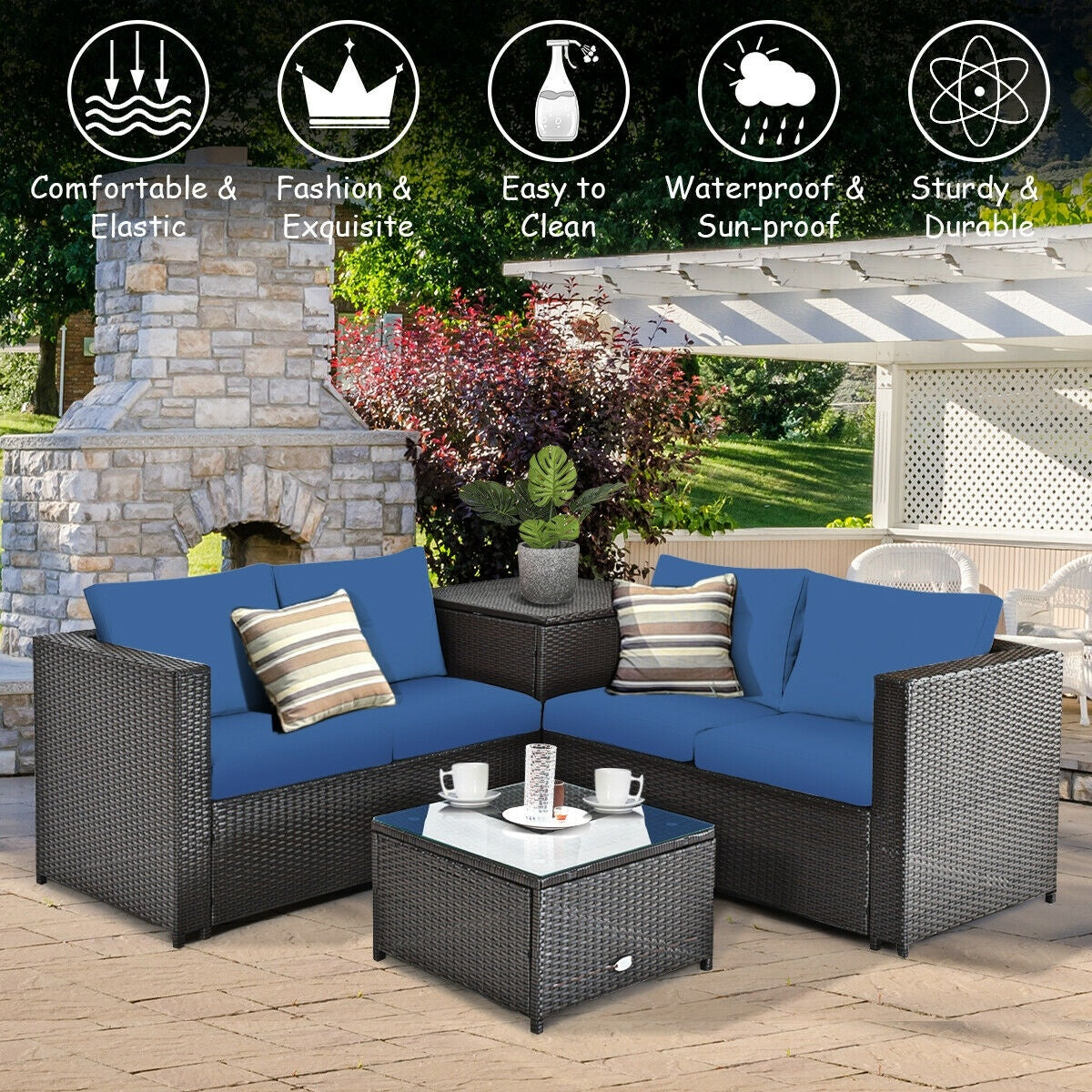 4 Piece Rattan Patio Furniture Set, Cushioned Loveseat With Storage Box, Navy Outdoor Sectionals at Gallery Canada