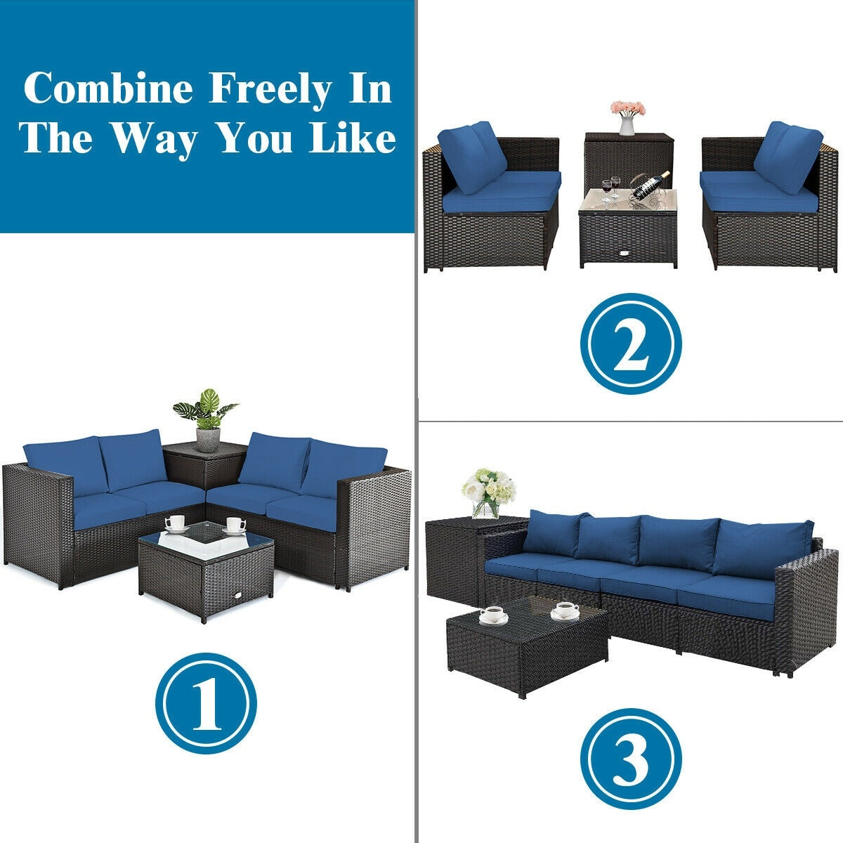 4 Piece Rattan Patio Furniture Set, Cushioned Loveseat With Storage Box, Navy Outdoor Sectionals at Gallery Canada