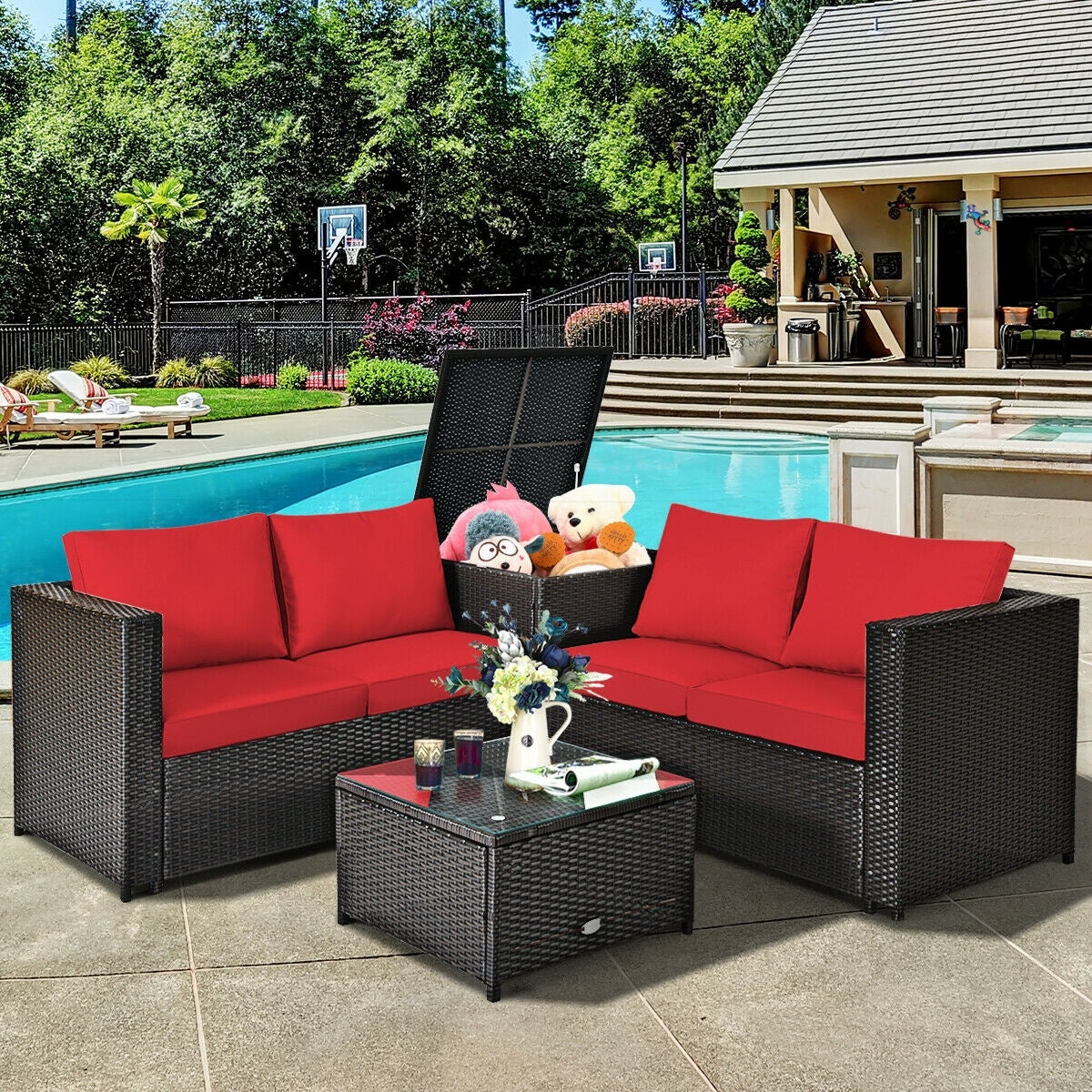 4 Piece Outdoor Patio Rattan Furniture Set, Red Outdoor Sectionals at Gallery Canada