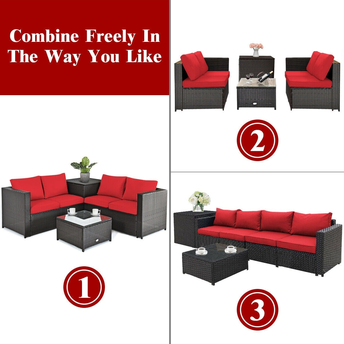 4 Piece Outdoor Patio Rattan Furniture Set, Red Outdoor Sectionals at Gallery Canada