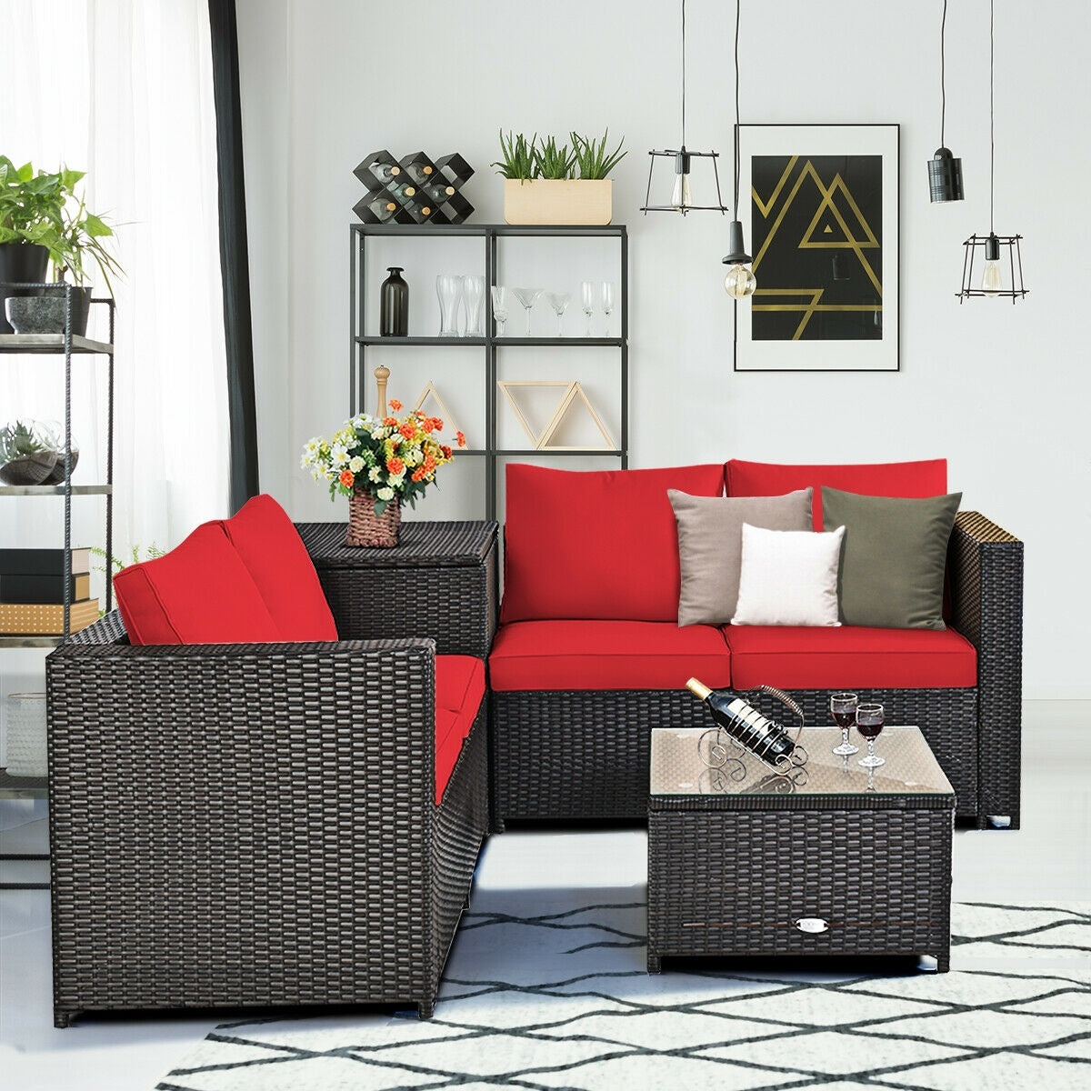 4 Piece Outdoor Patio Rattan Furniture Set, Red Outdoor Sectionals at Gallery Canada