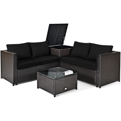 4 Piece Rattan Patio Furniture Set, Loveseat With Storage Box, Black Outdoor Sectionals Black at Gallery Canada