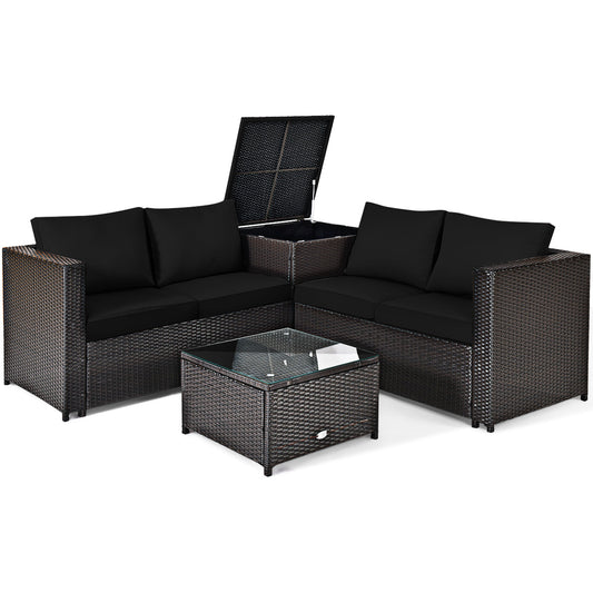 4 Piece Rattan Patio Furniture Set, Loveseat With Storage Box, Black Outdoor Sectionals Black at Gallery Canada
