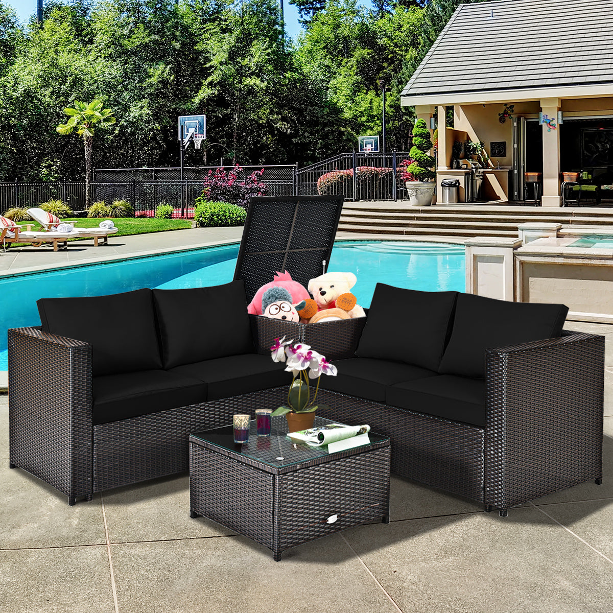 4 Piece Rattan Patio Furniture Set, Loveseat With Storage Box, Black Outdoor Sectionals at Gallery Canada