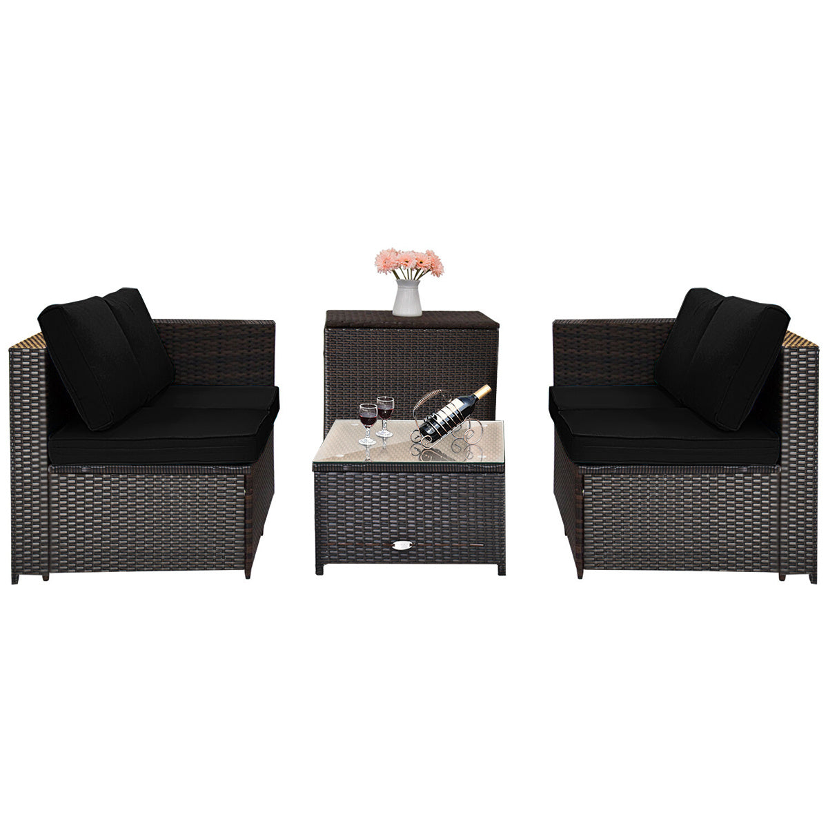 4 Piece Rattan Patio Furniture Set, Loveseat With Storage Box, Black Outdoor Sectionals at Gallery Canada