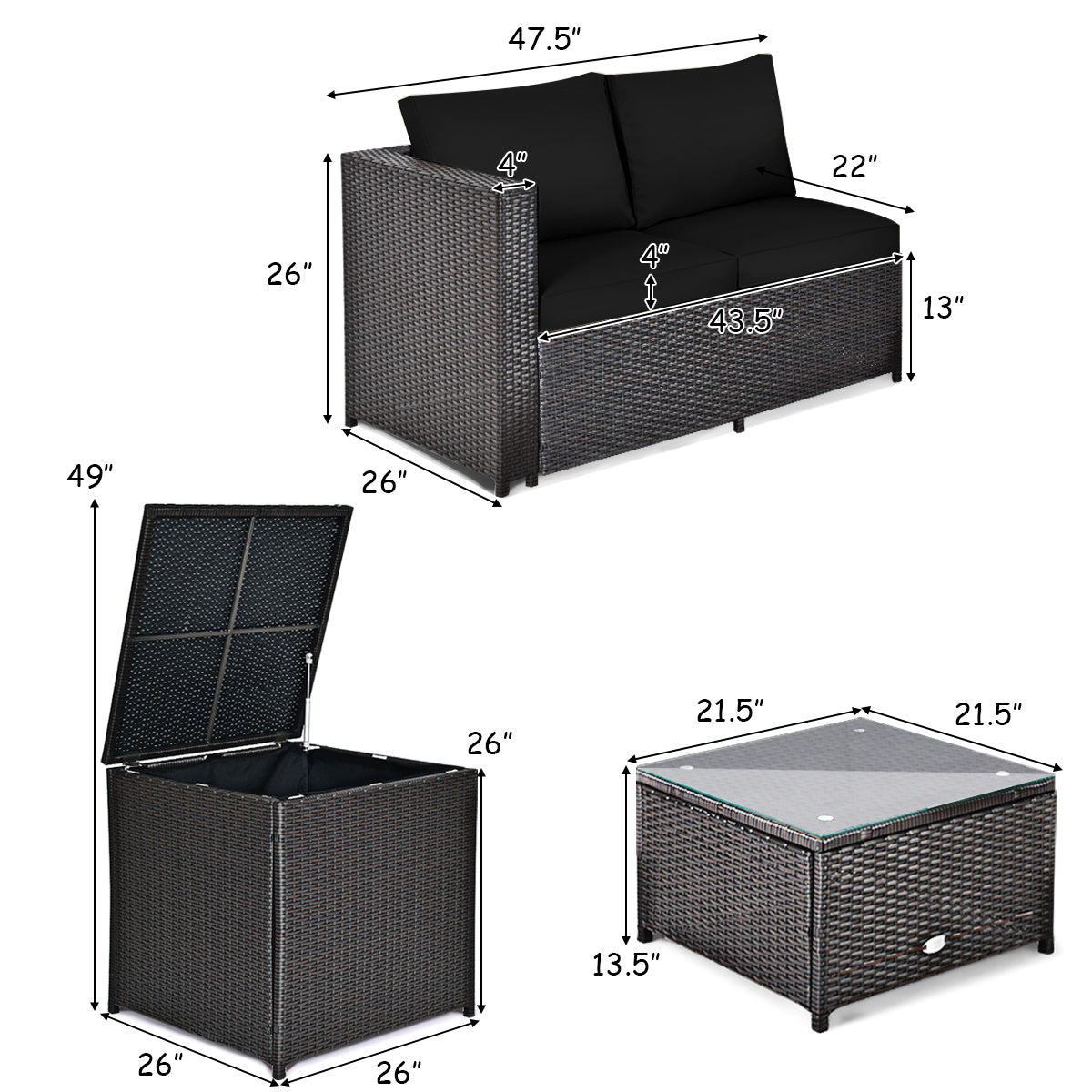 4 Piece Rattan Patio Furniture Set, Loveseat With Storage Box, Black Outdoor Sectionals at Gallery Canada