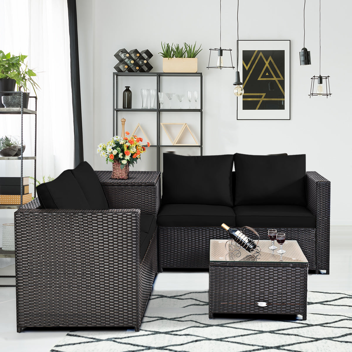 4 Piece Rattan Patio Furniture Set, Loveseat With Storage Box, Black Outdoor Sectionals at Gallery Canada