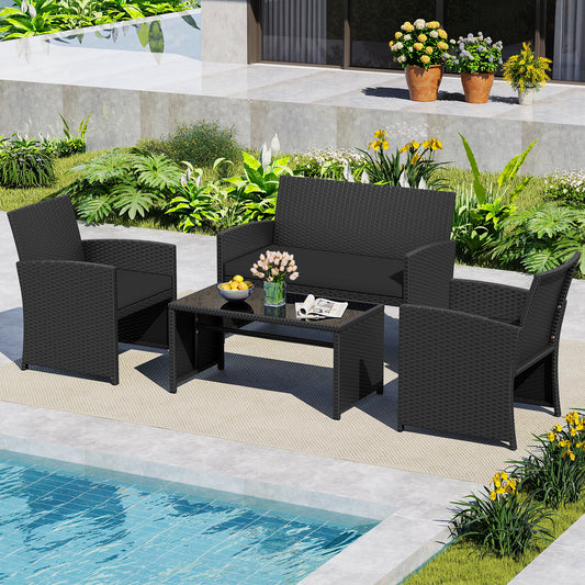 4 Pieces Patio Furniture Set with Tempered Glass Tabletop and Removable Cushion, Black Patio Conversation Sets Black at Gallery Canada