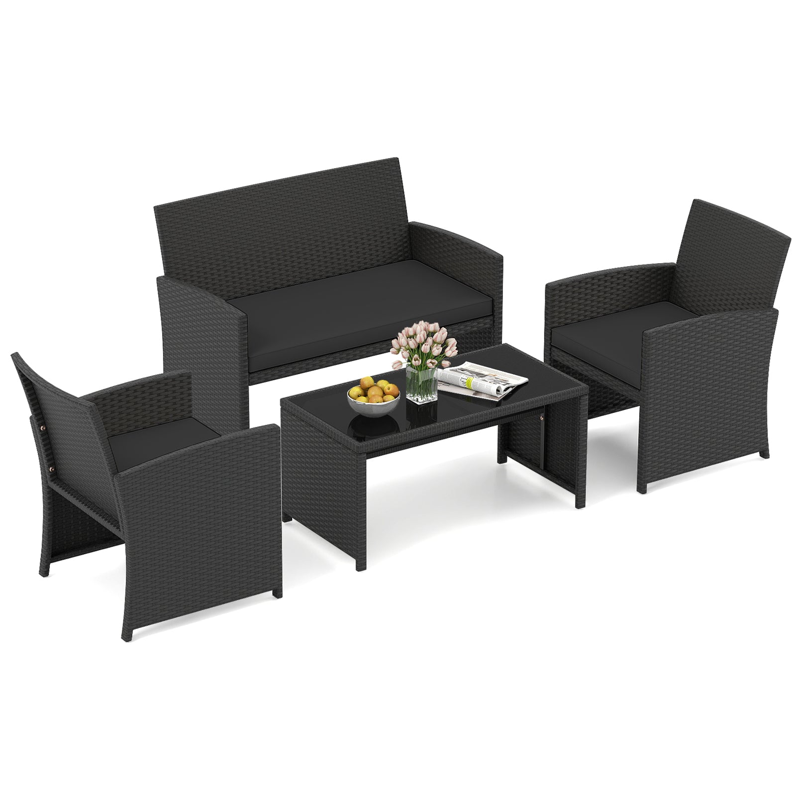 4 Pieces Patio Furniture Set with Tempered Glass Tabletop and Removable Cushion, Black Patio Conversation Sets at Gallery Canada