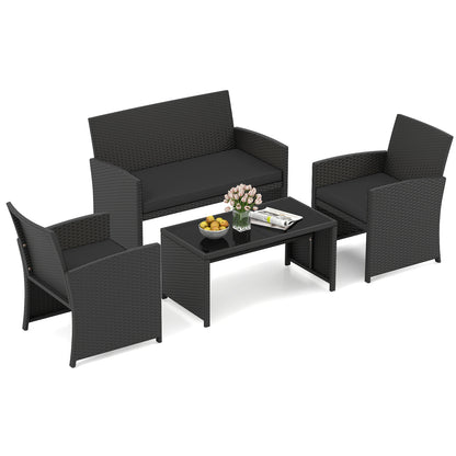 4 Pieces Patio Furniture Set with Tempered Glass Tabletop and Removable Cushion, Black Patio Conversation Sets at Gallery Canada