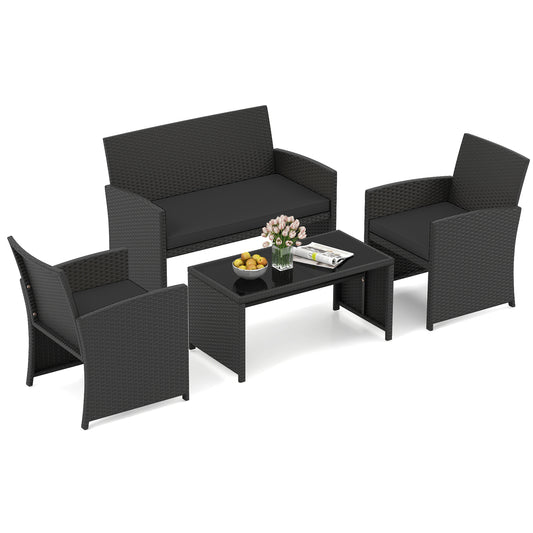 4 Pieces Patio Furniture Set with Tempered Glass Tabletop and Removable Cushion, Black Patio Conversation Sets Black at Gallery Canada