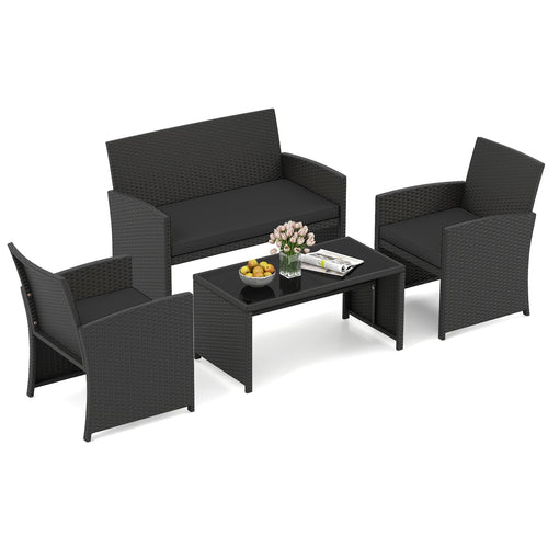 4 Pieces Patio Furniture Set with Tempered Glass Tabletop and Removable Cushion, Black