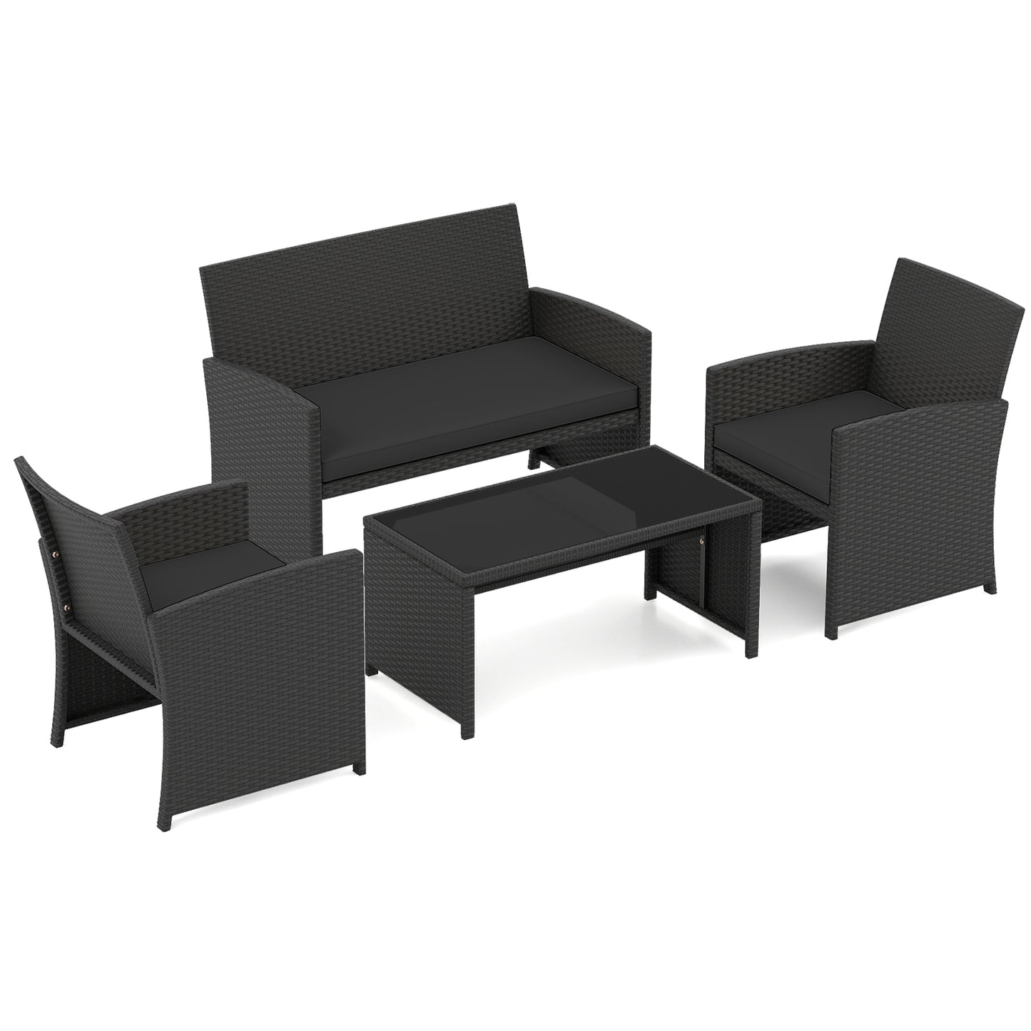 4 Pieces Patio Furniture Set with Tempered Glass Tabletop and Removable Cushion, Black Patio Conversation Sets at Gallery Canada
