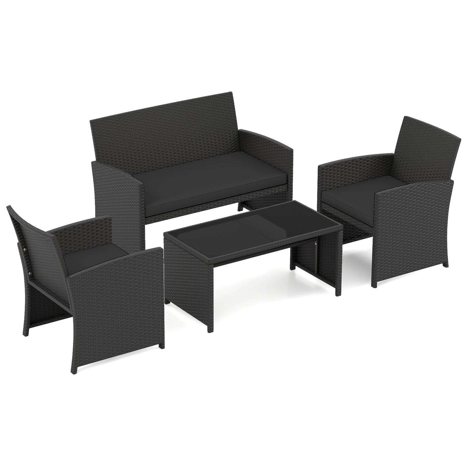 4 Pieces Patio Furniture Set with Tempered Glass Tabletop and Removable Cushion, Black Patio Conversation Sets at Gallery Canada