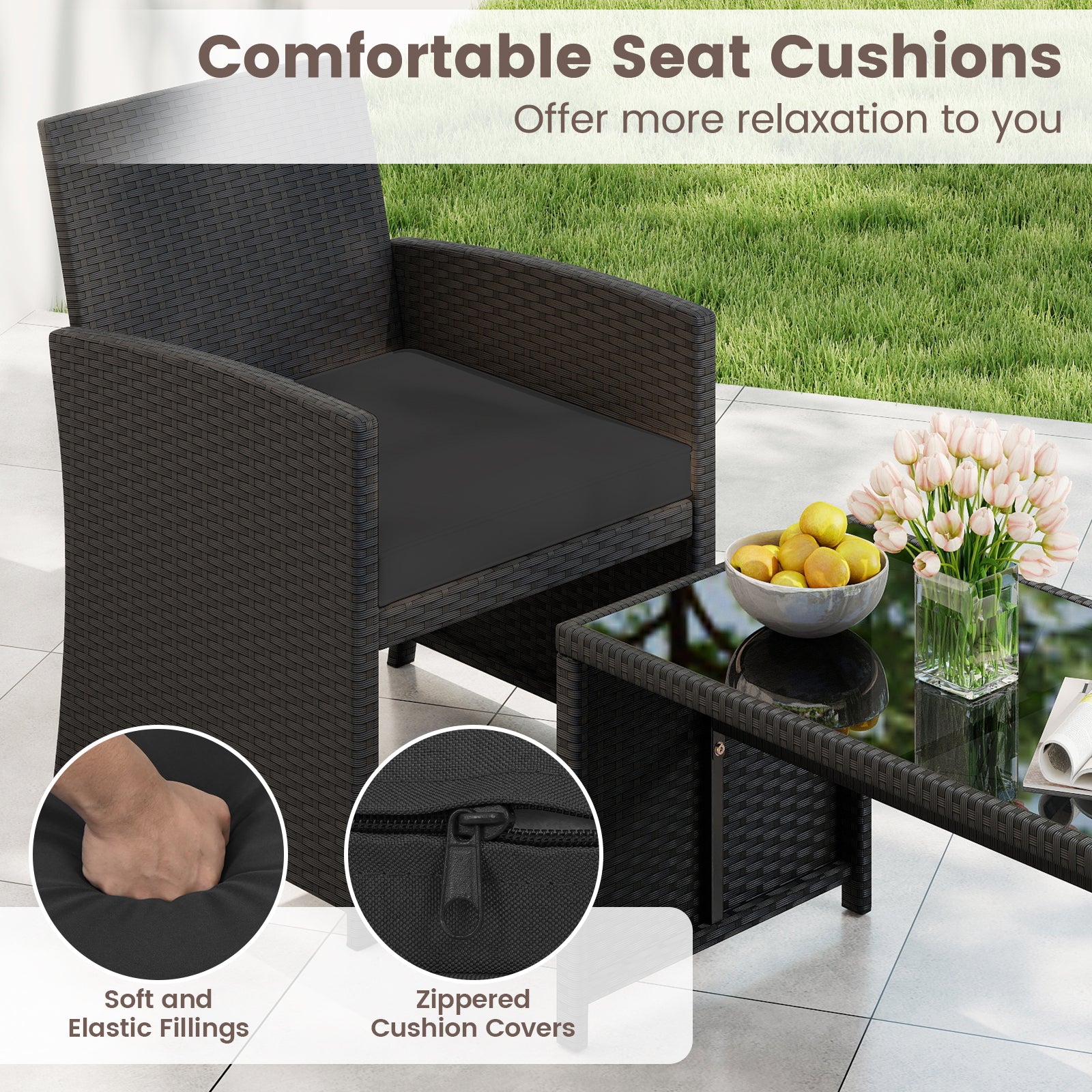4 Pieces Patio Furniture Set with Tempered Glass Tabletop and Removable Cushion, Black Patio Conversation Sets at Gallery Canada