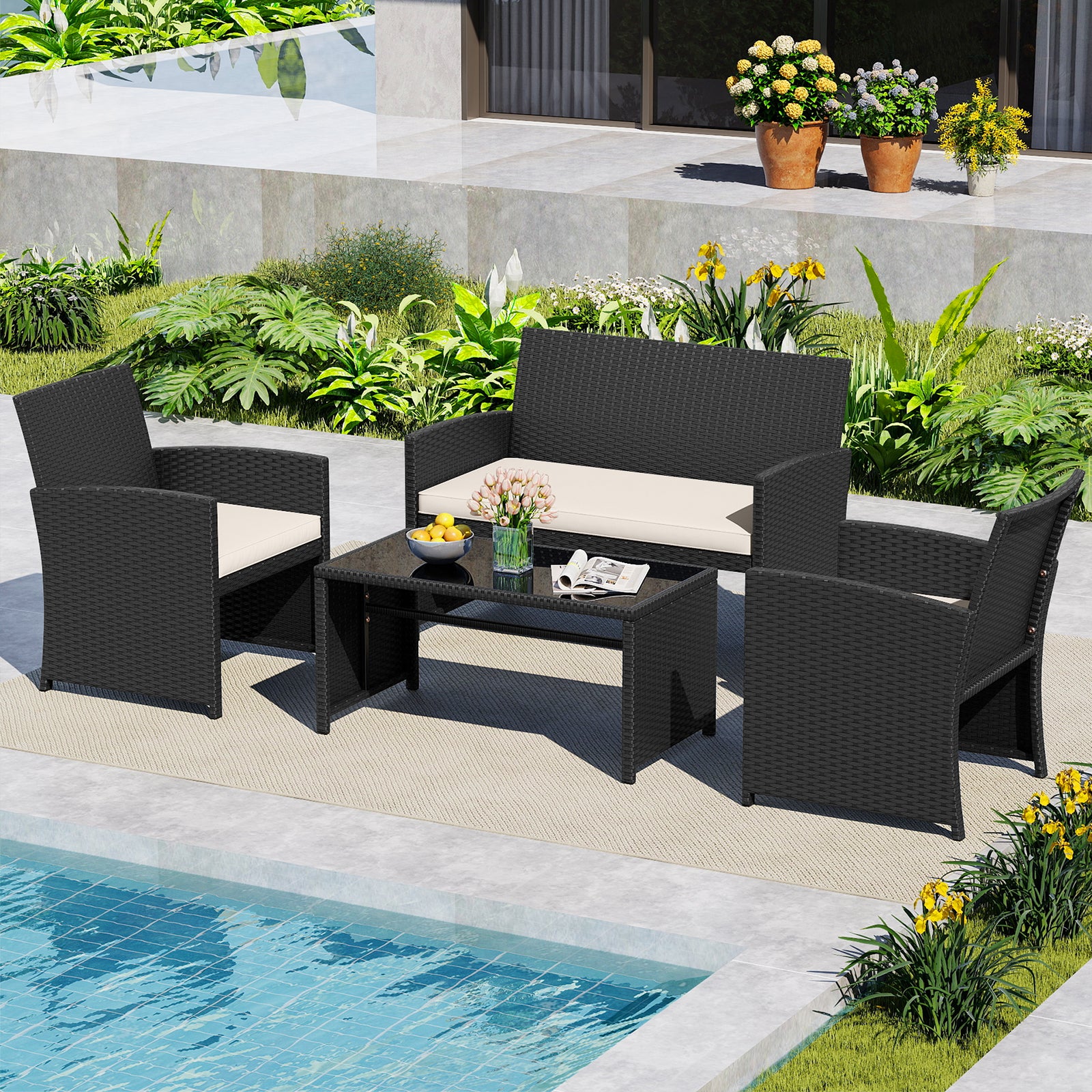 4 Pieces Patio Furniture Set with Tempered Glass Tabletop and Removable Cushion, White Patio Conversation Sets at Gallery Canada