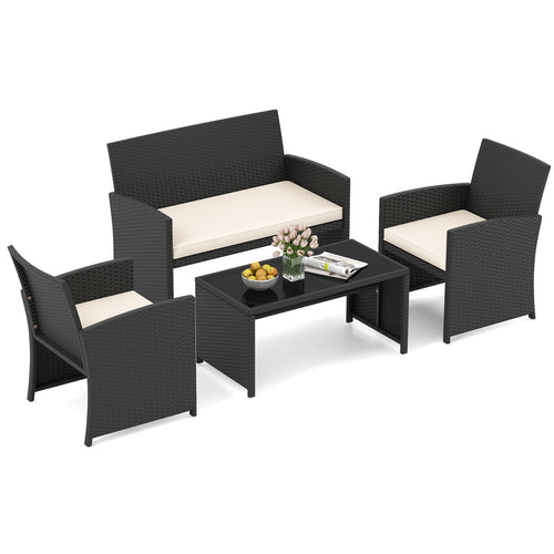 4 Piece Patio Furniture Set, Tempered Glass Tabletop, Removable Cushion, White