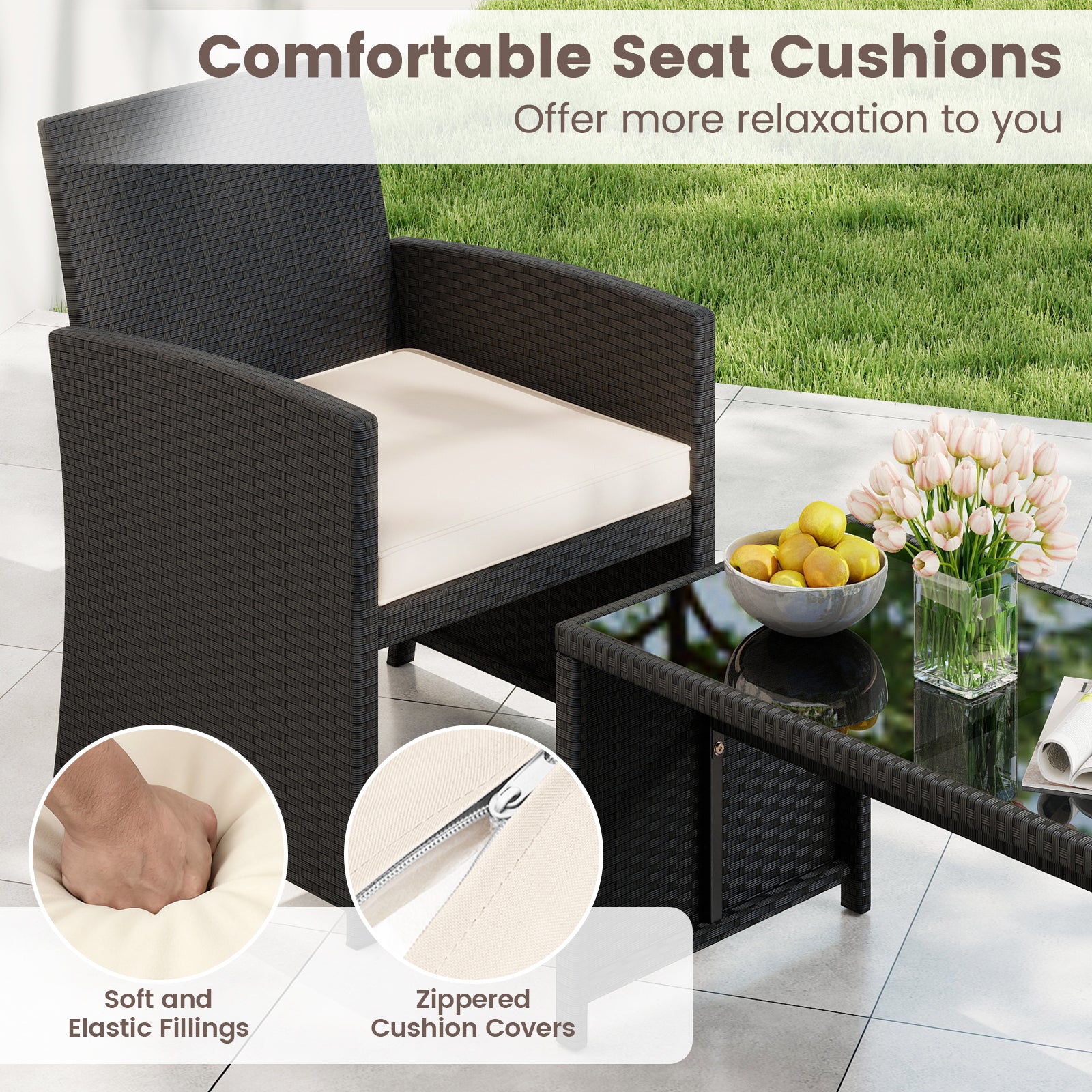 4 Pieces Patio Furniture Set with Tempered Glass Tabletop and Removable Cushion, White Patio Conversation Sets at Gallery Canada