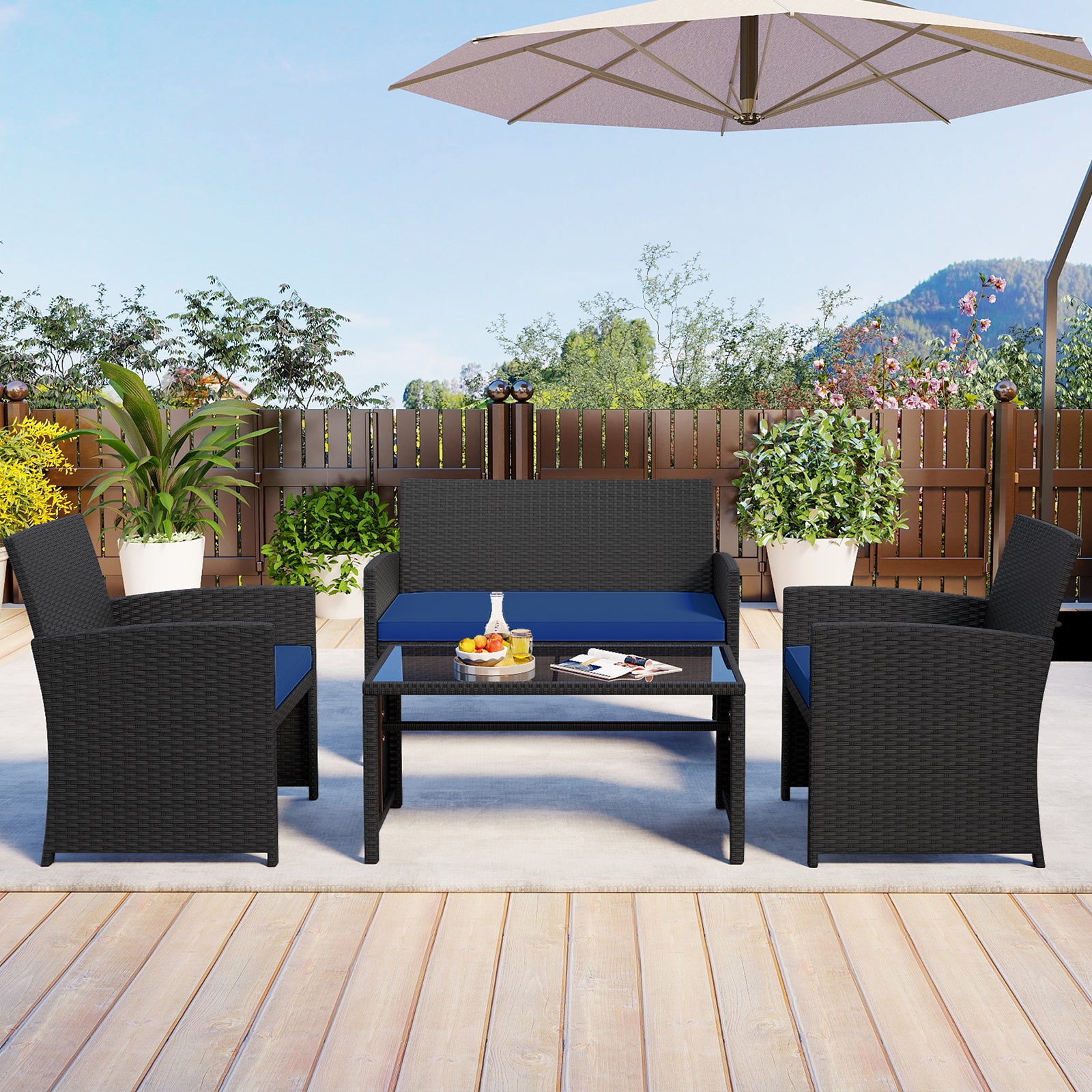 4 Pieces Patio Furniture Set with Tempered Glass Tabletop and Removable Cushion, Navy Patio Conversation Sets at Gallery Canada