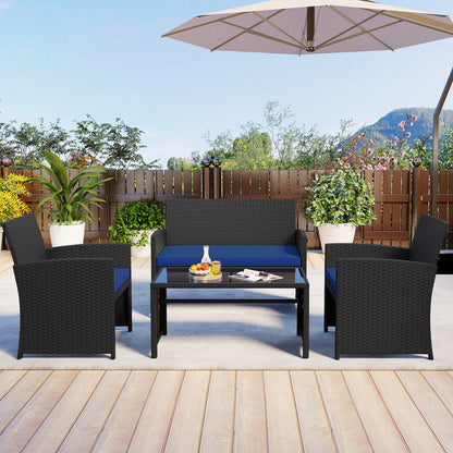 4 Pieces Patio Furniture Set with Tempered Glass Tabletop and Removable Cushion, Navy Patio Conversation Sets at Gallery Canada