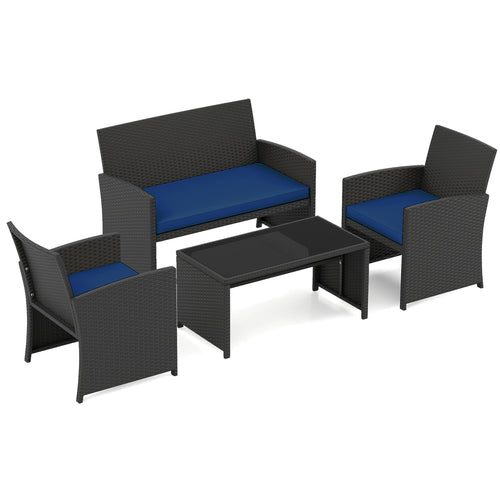 4 Pieces Patio Furniture Set with Tempered Glass Tabletop and Removable Cushion, Navy