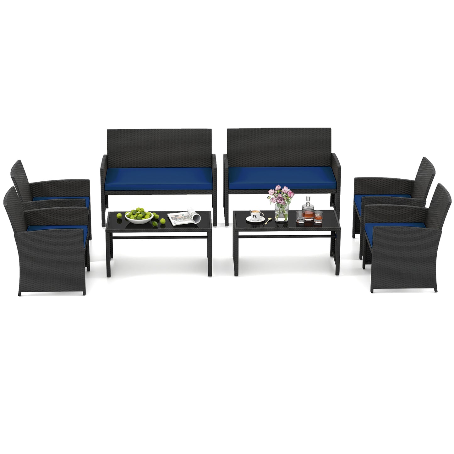 4 Pieces Patio Furniture Set with Tempered Glass Tabletop and Removable Cushion, Navy Patio Conversation Sets at Gallery Canada
