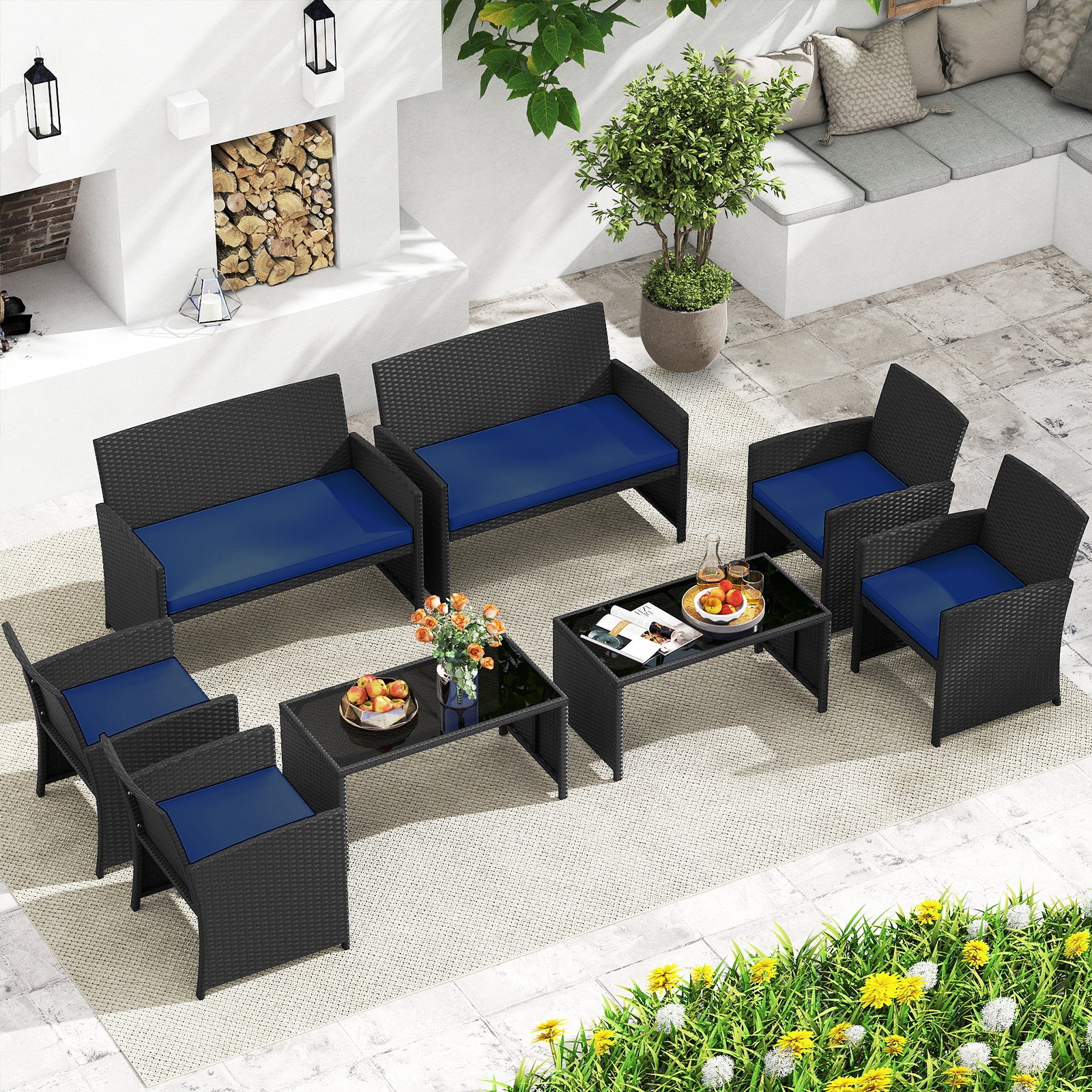 4 Pieces Patio Furniture Set with Tempered Glass Tabletop and Removable Cushion, Navy Patio Conversation Sets at Gallery Canada