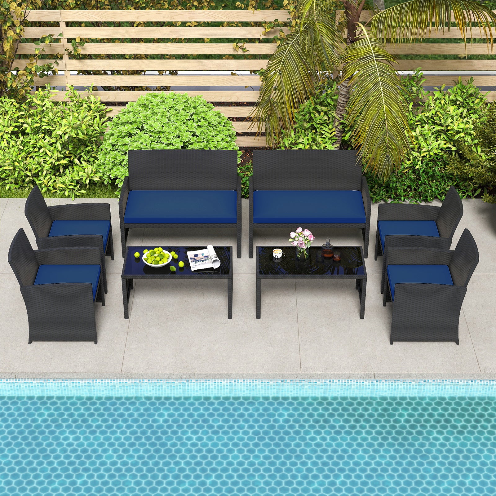 4 Pieces Patio Furniture Set with Tempered Glass Tabletop and Removable Cushion, Navy Patio Conversation Sets at Gallery Canada