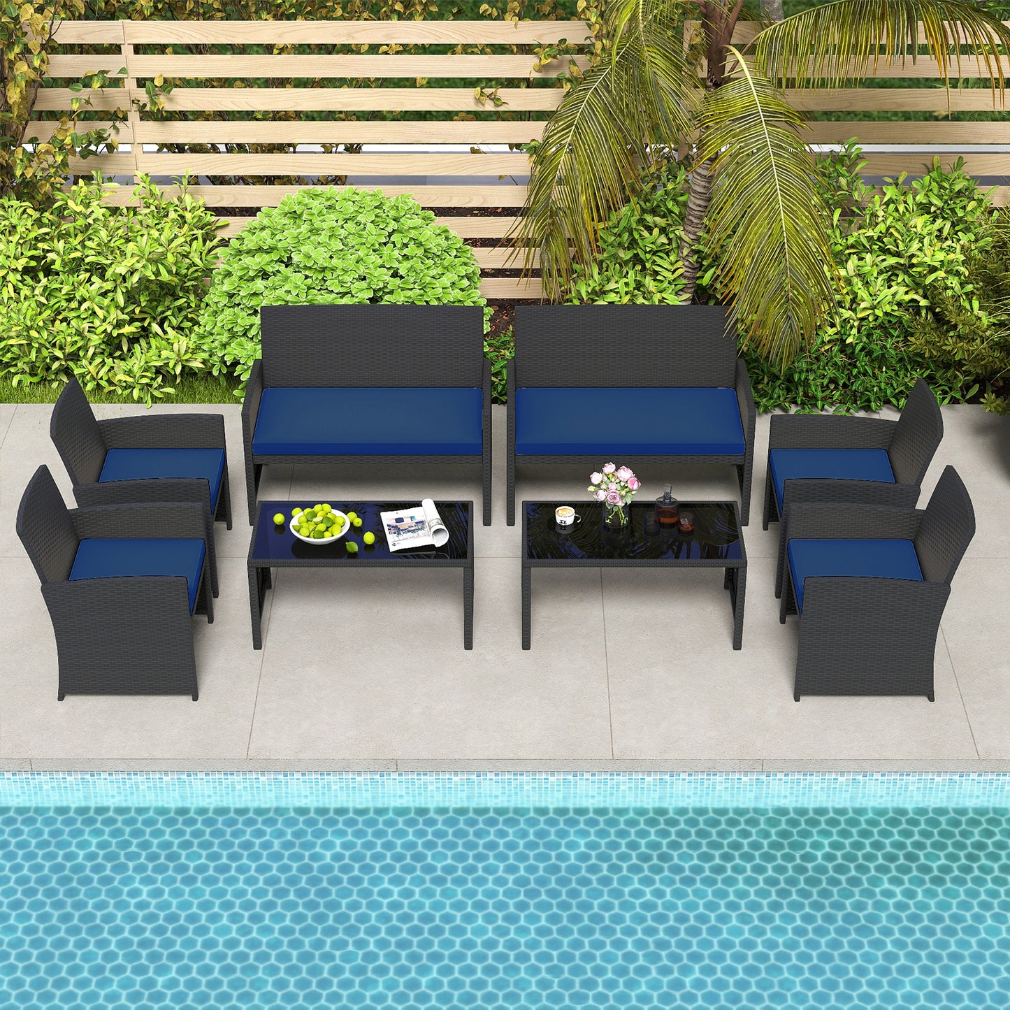 4 Pieces Patio Furniture Set with Tempered Glass Tabletop and Removable Cushion, Navy Patio Conversation Sets at Gallery Canada