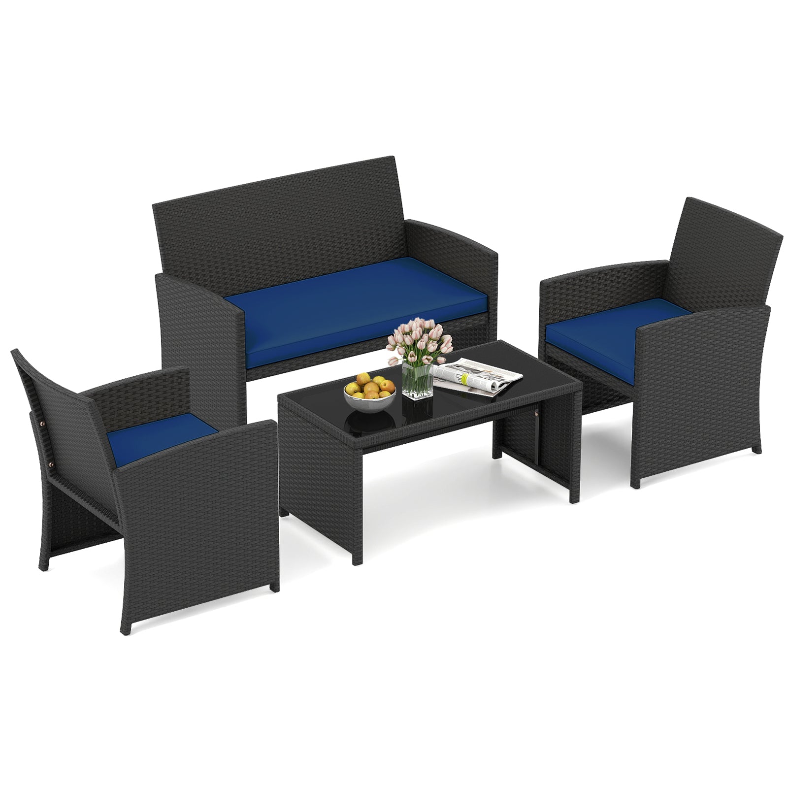 4 Pieces Patio Furniture Set with Tempered Glass Tabletop and Removable Cushion, Navy Patio Conversation Sets at Gallery Canada
