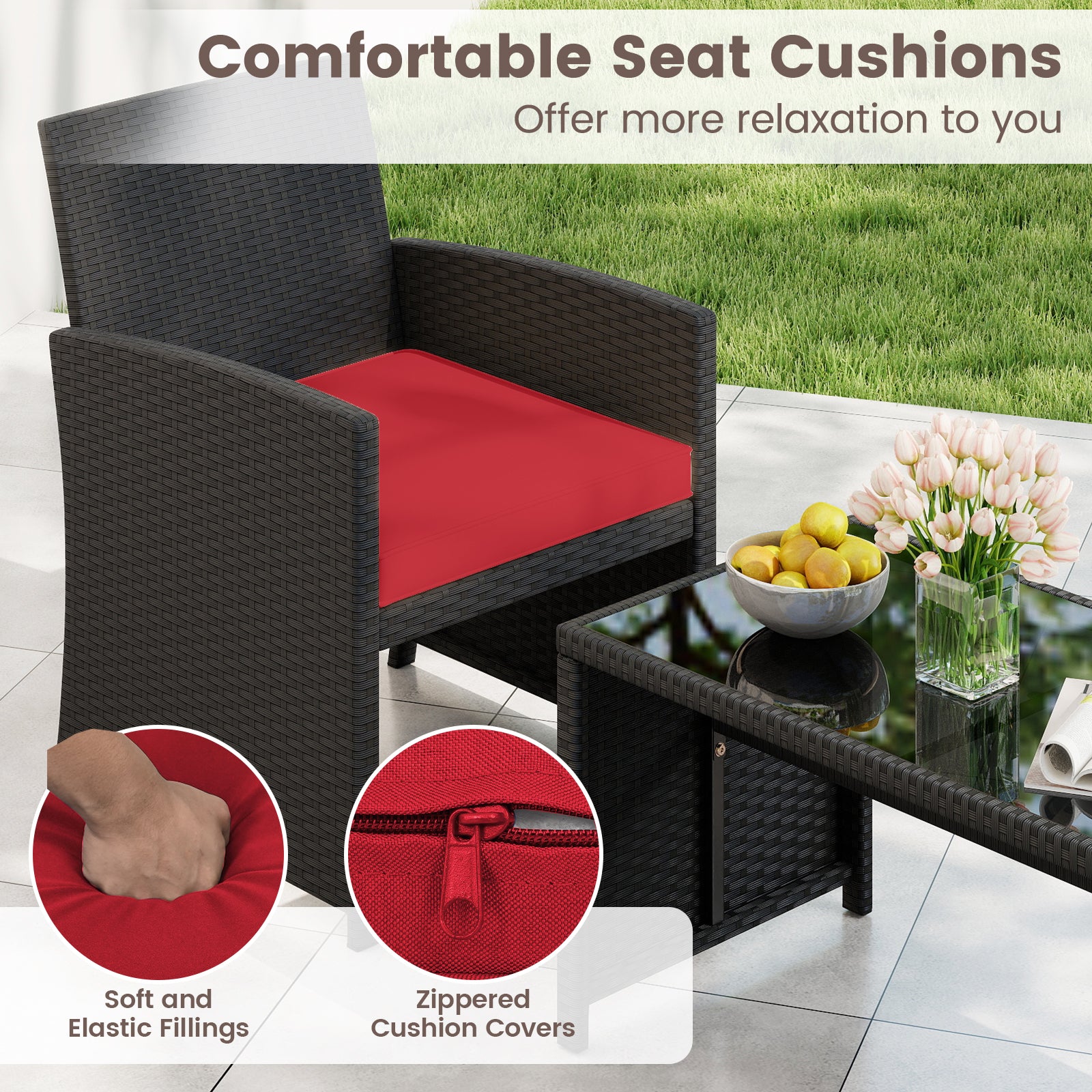 4 Pieces Patio Furniture Set with Tempered Glass Tabletop and Removable Cushion, Red Patio Conversation Sets at Gallery Canada