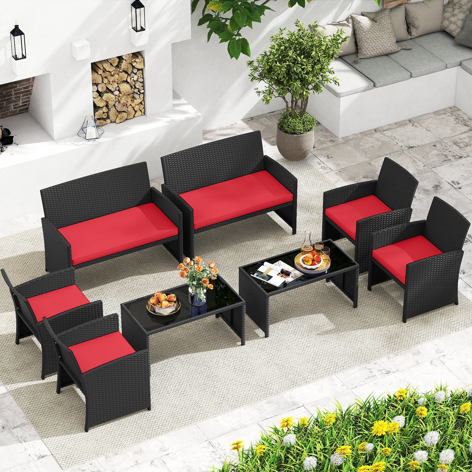 4 Pieces Patio Furniture Set with Tempered Glass Tabletop and Removable Cushion, Red Patio Conversation Sets at Gallery Canada