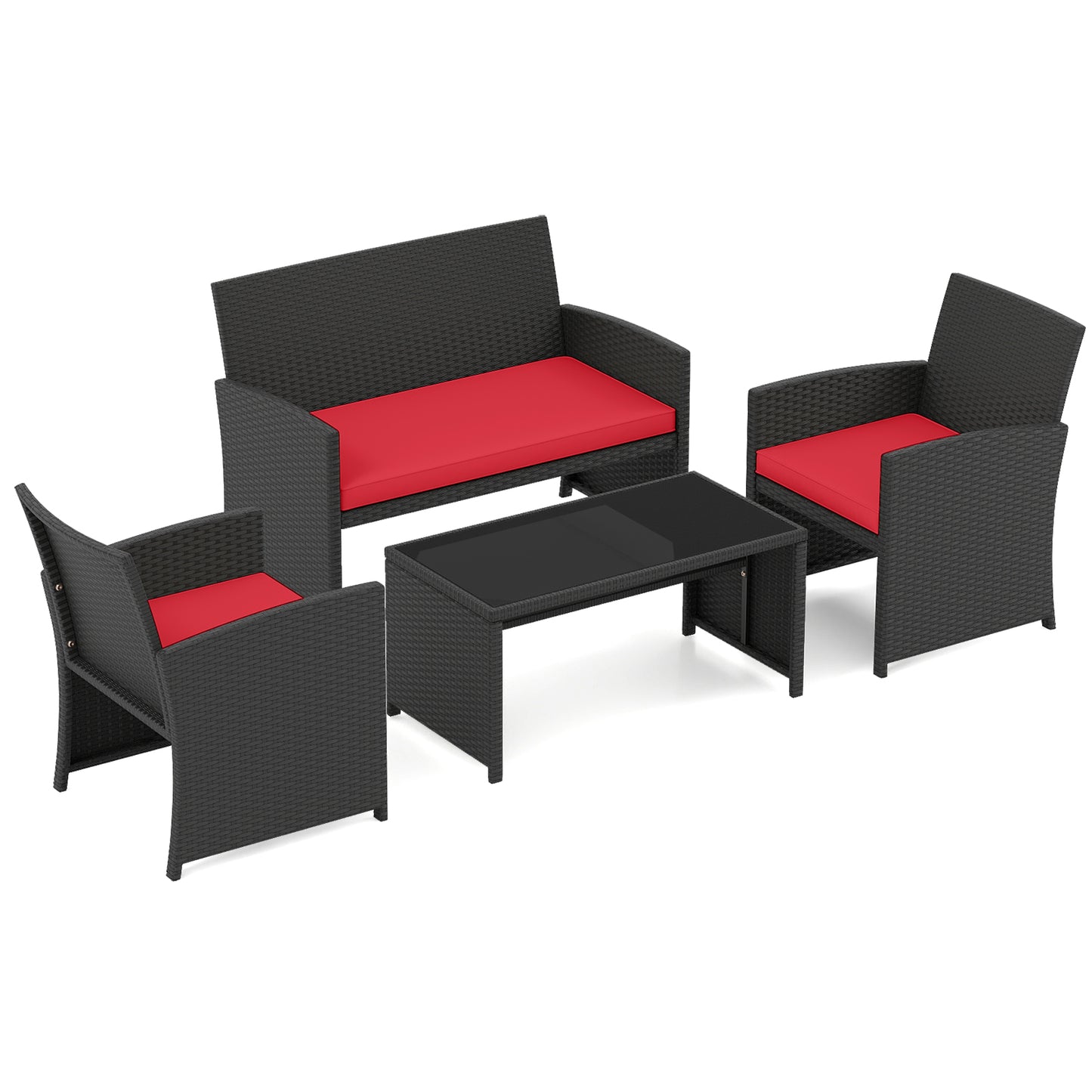 4 Pieces Patio Furniture Set with Tempered Glass Tabletop and Removable Cushion, Red Patio Conversation Sets Red at Gallery Canada