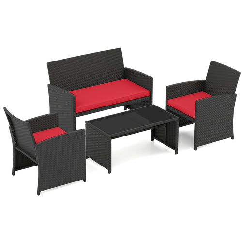 4 Piece Patio Furniture Set, Tempered Glass Tabletop, Removable Cushion, Red