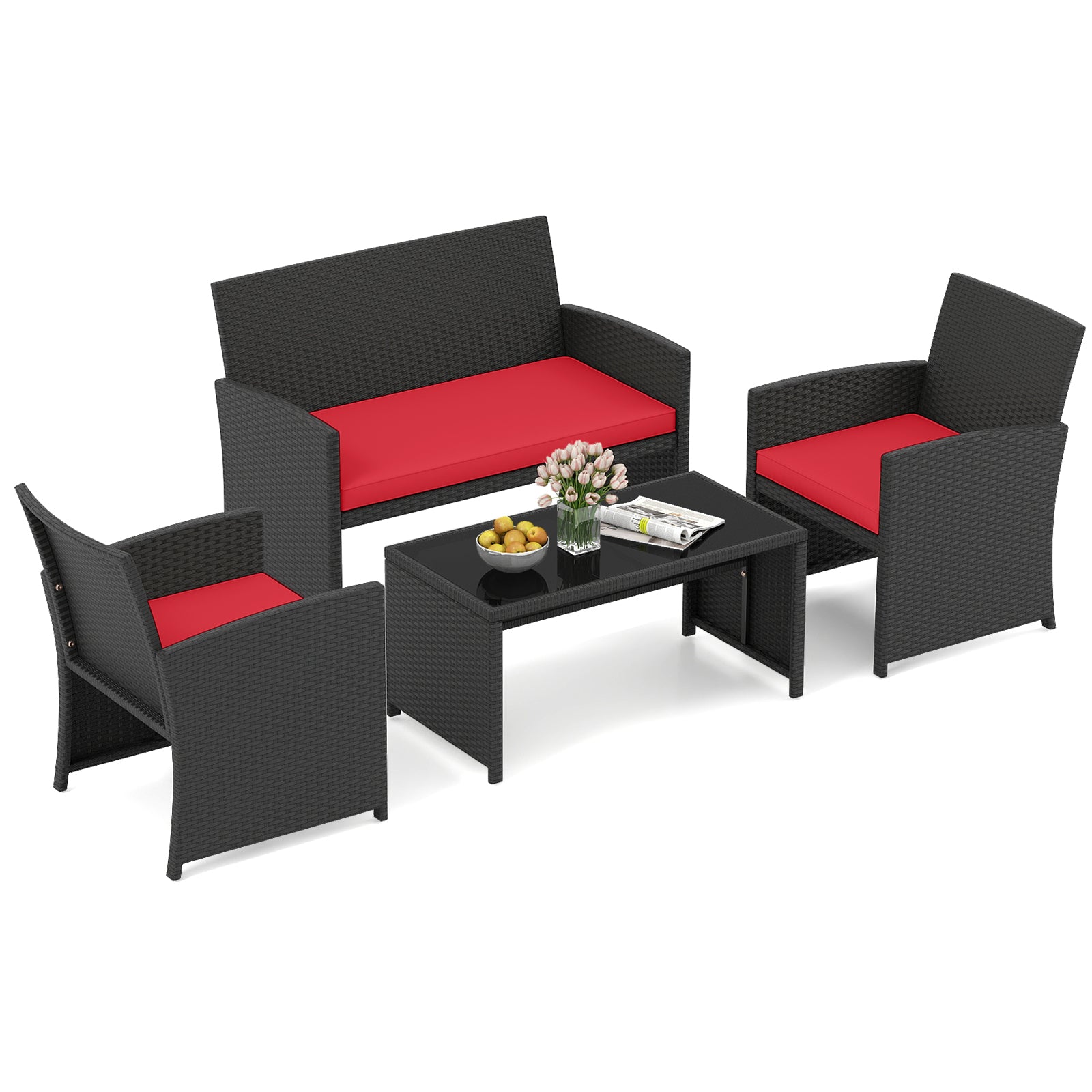 4 Pieces Patio Furniture Set with Tempered Glass Tabletop and Removable Cushion, Red Patio Conversation Sets at Gallery Canada