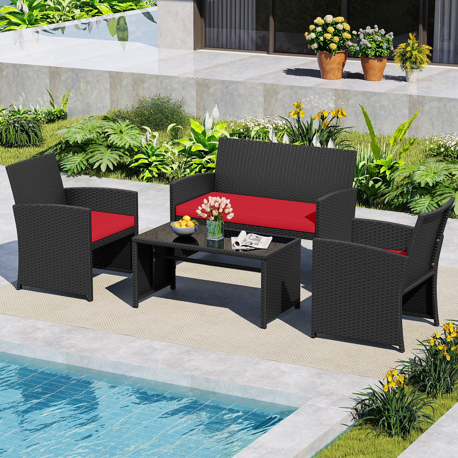 4 Pieces Patio Furniture Set with Tempered Glass Tabletop and Removable Cushion, Red Patio Conversation Sets at Gallery Canada