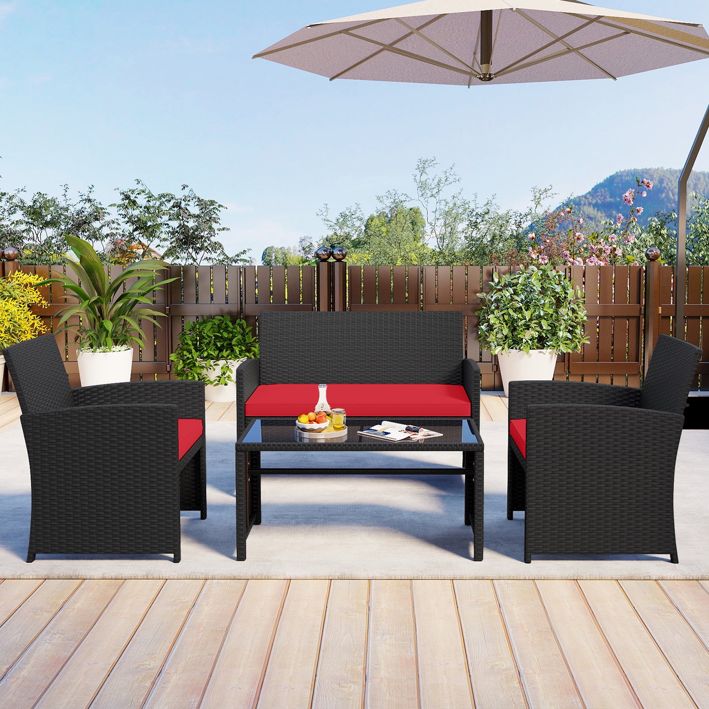 4 Pieces Patio Furniture Set with Tempered Glass Tabletop and Removable Cushion, Red Patio Conversation Sets at Gallery Canada