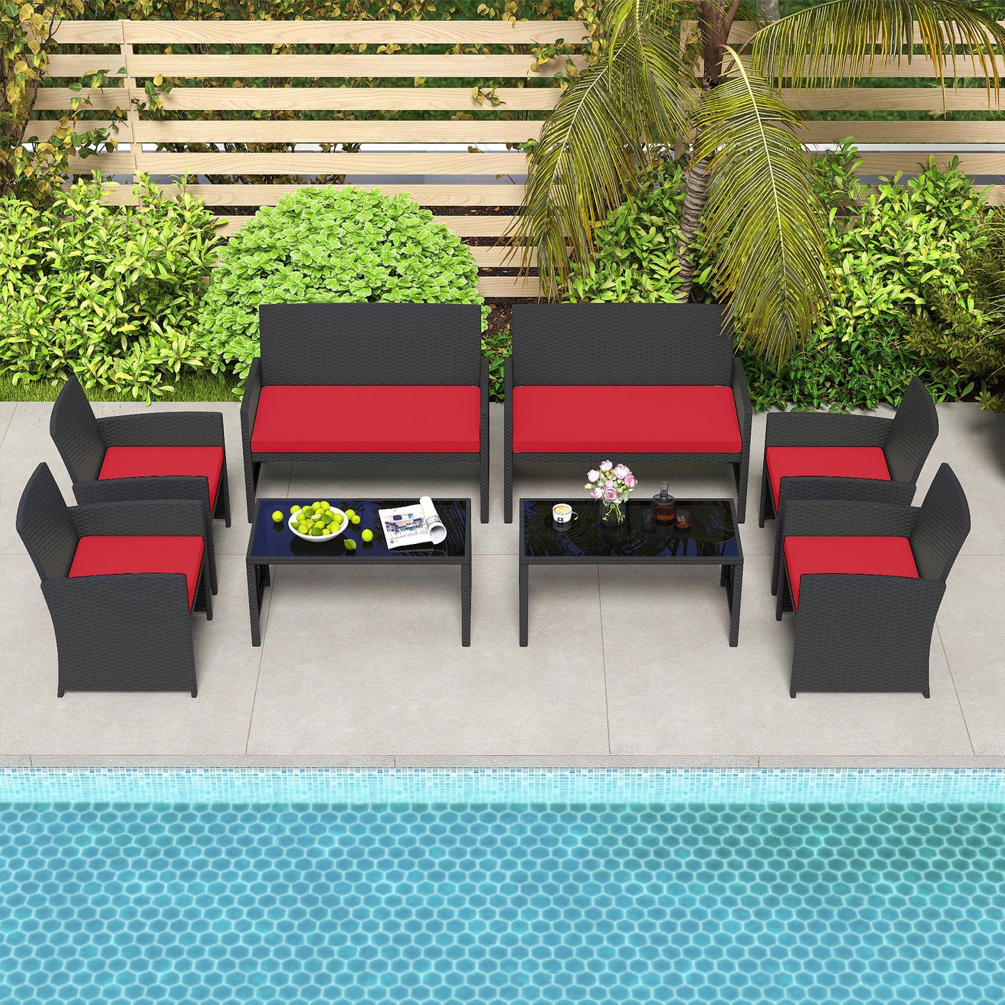 4 Pieces Patio Furniture Set with Tempered Glass Tabletop and Removable Cushion, Red Patio Conversation Sets at Gallery Canada