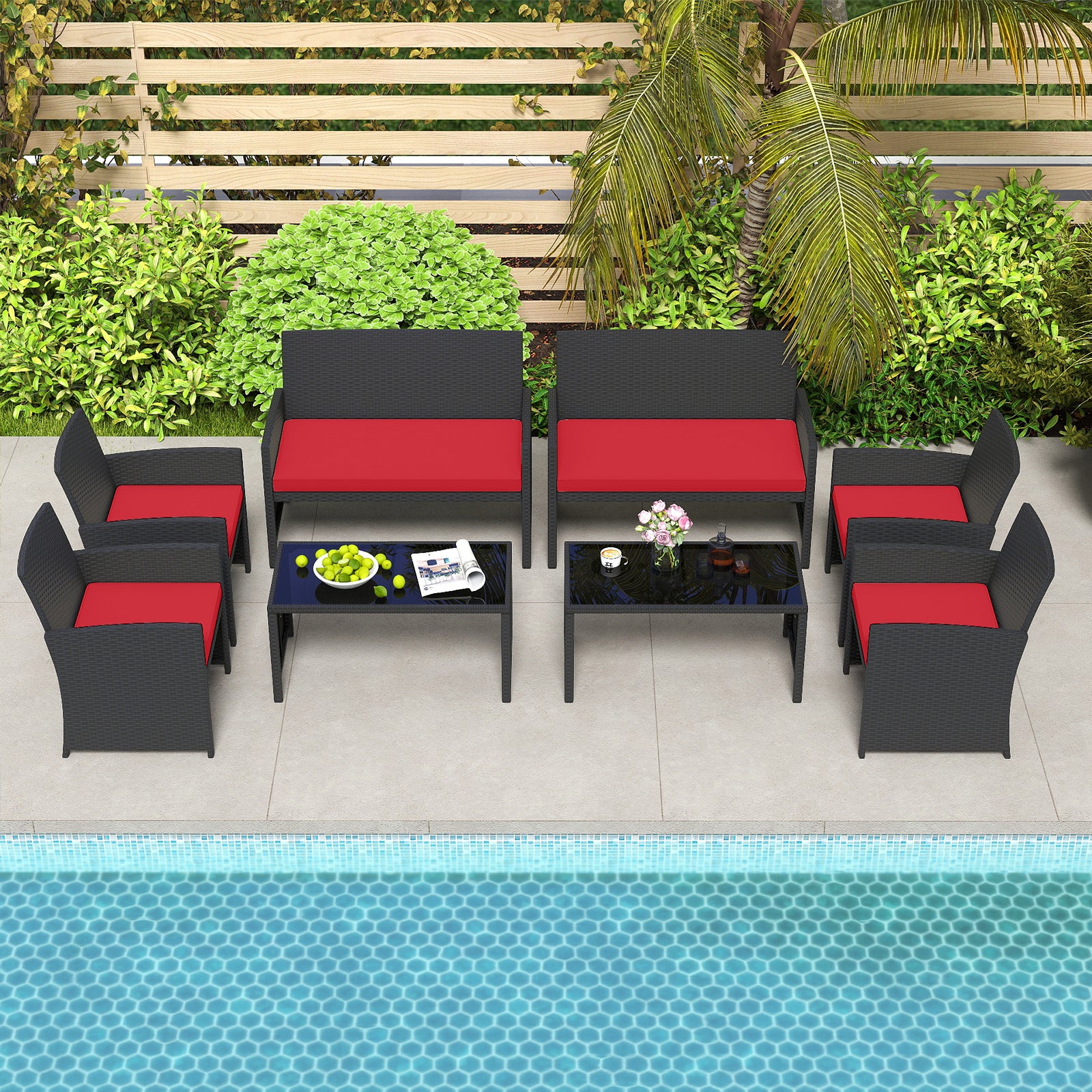 4 Pieces Patio Furniture Set with Tempered Glass Tabletop and Removable Cushion, Red Patio Conversation Sets at Gallery Canada