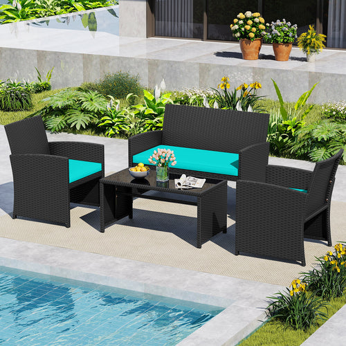 4 Pieces Patio Furniture Set with Tempered Glass Tabletop and Removable Cushion, Turquoise