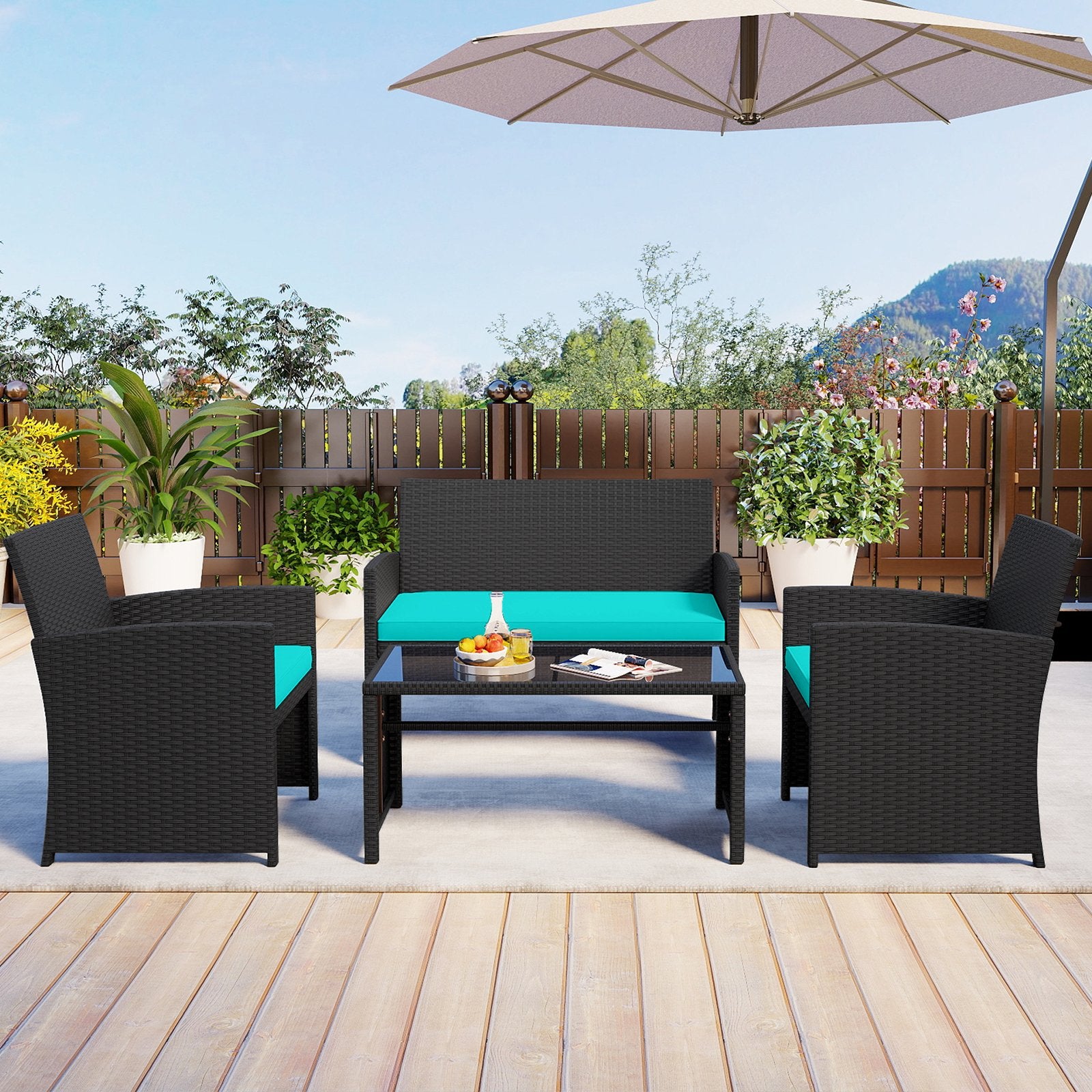 4 Pieces Patio Furniture Set with Tempered Glass Tabletop and Removable Cushion, Turquoise Patio Conversation Sets at Gallery Canada